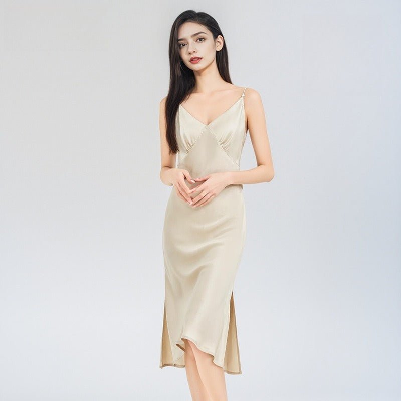 Silk slip dress women in midi length with smooth drape