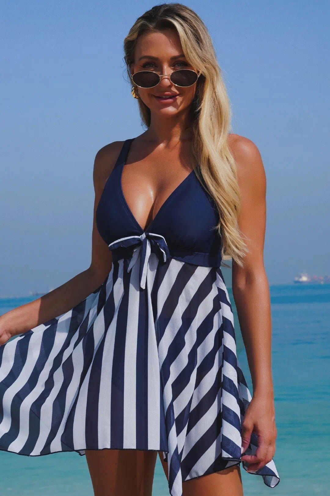 Striped V-Neck One-Piece Swimsuit BlueS for Women-Swimwear by CALYPHIA